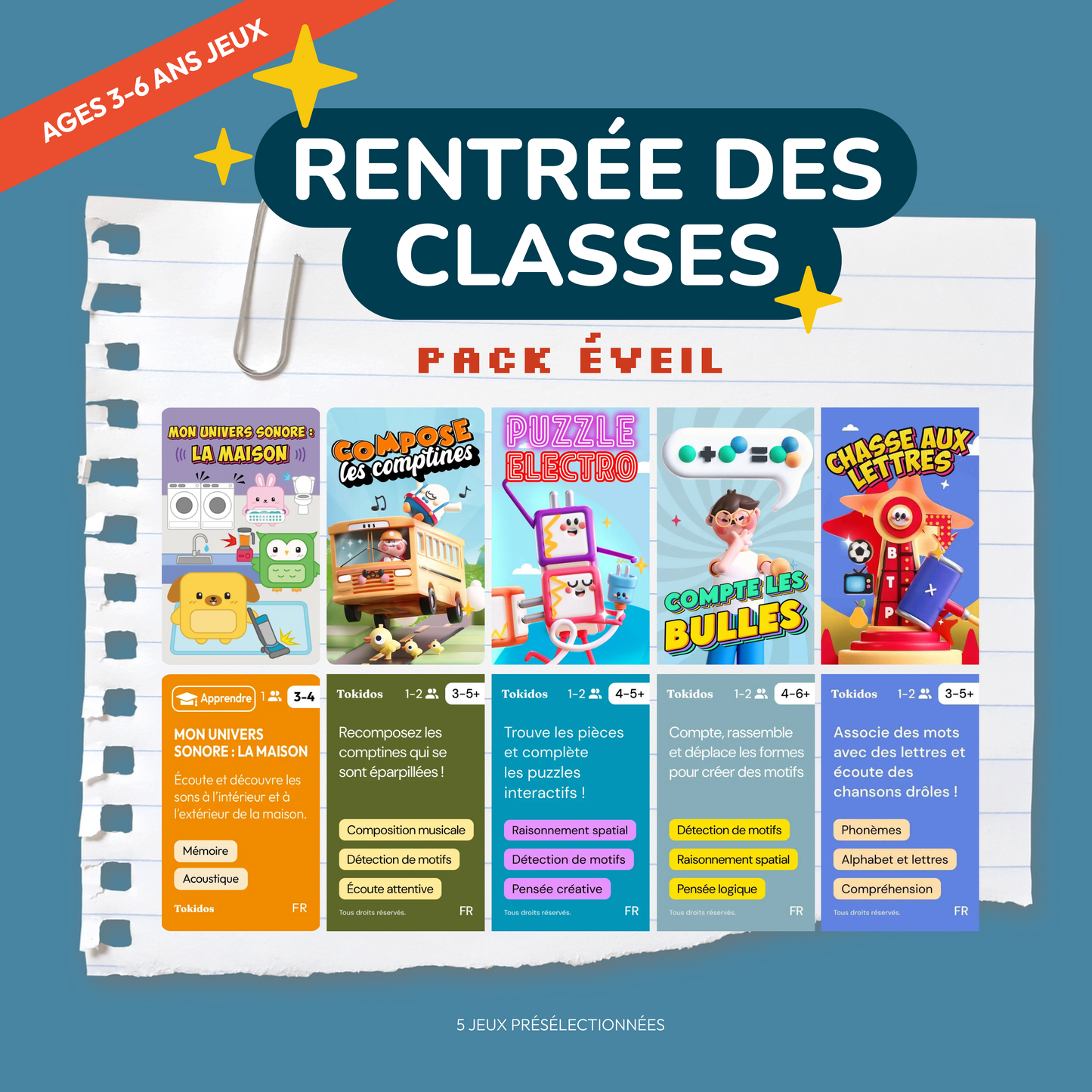 Pack Rentrée Éveil - 5 Cartes de jeu (3-6 ans)