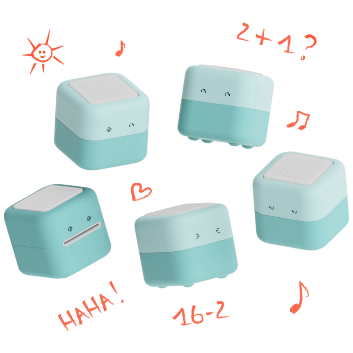 Five blue square-shaped objects with facial expressions and text on a white background