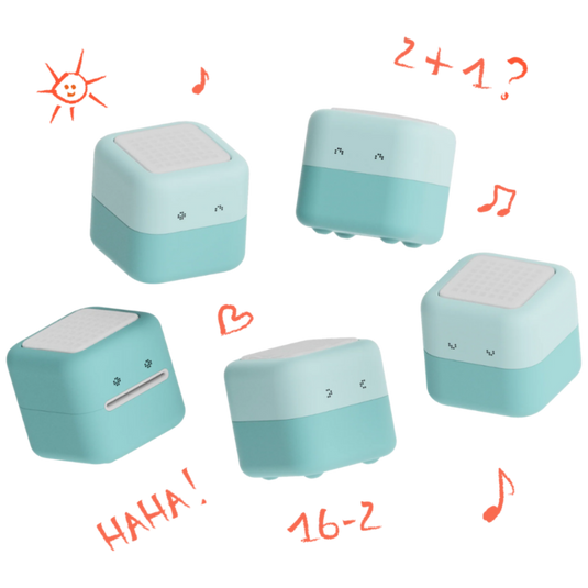 Five blue square-shaped objects with facial expressions and text on a white background